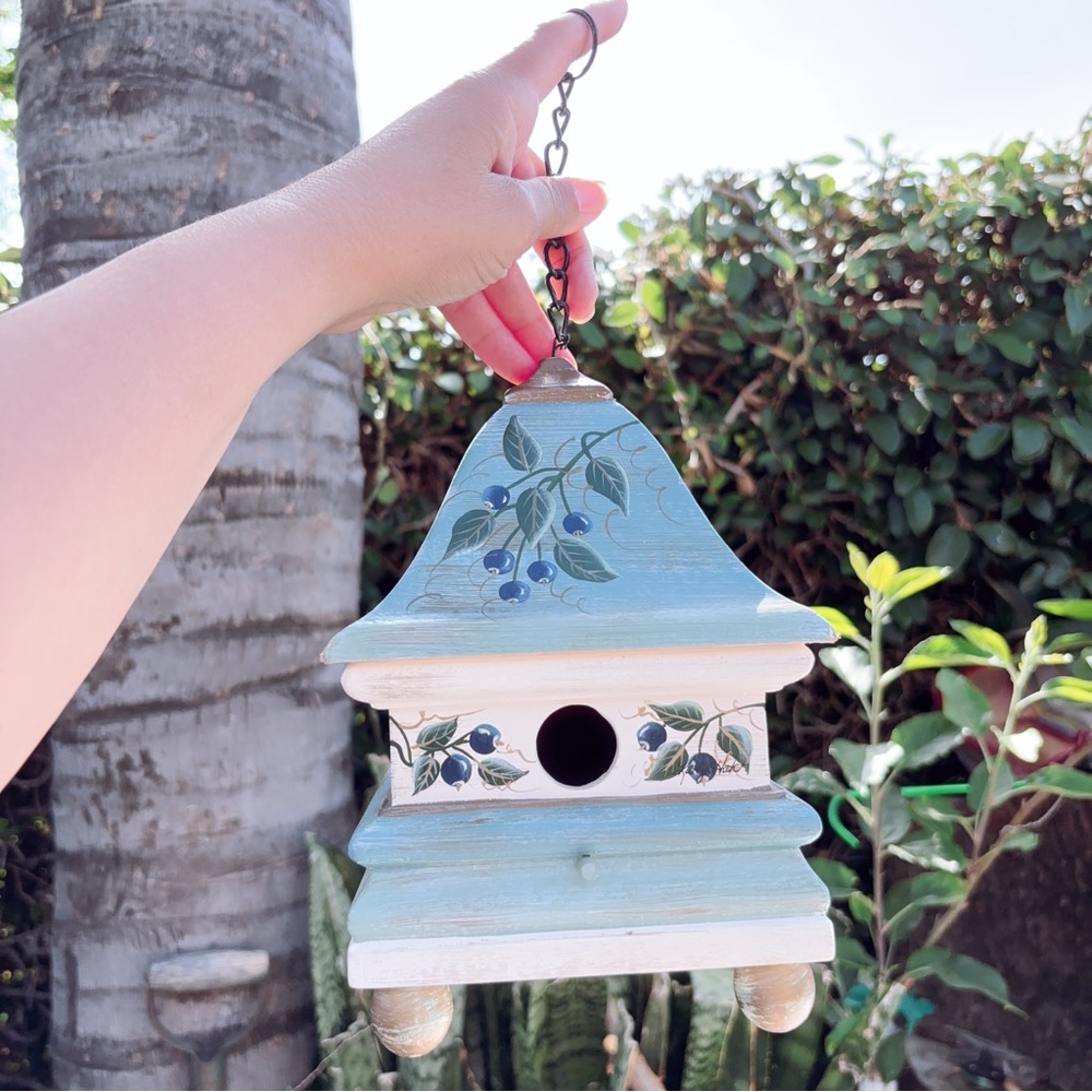 Hand-Painted Blue Berries and Adorable Porch Decorative Birdhouse So Sweet